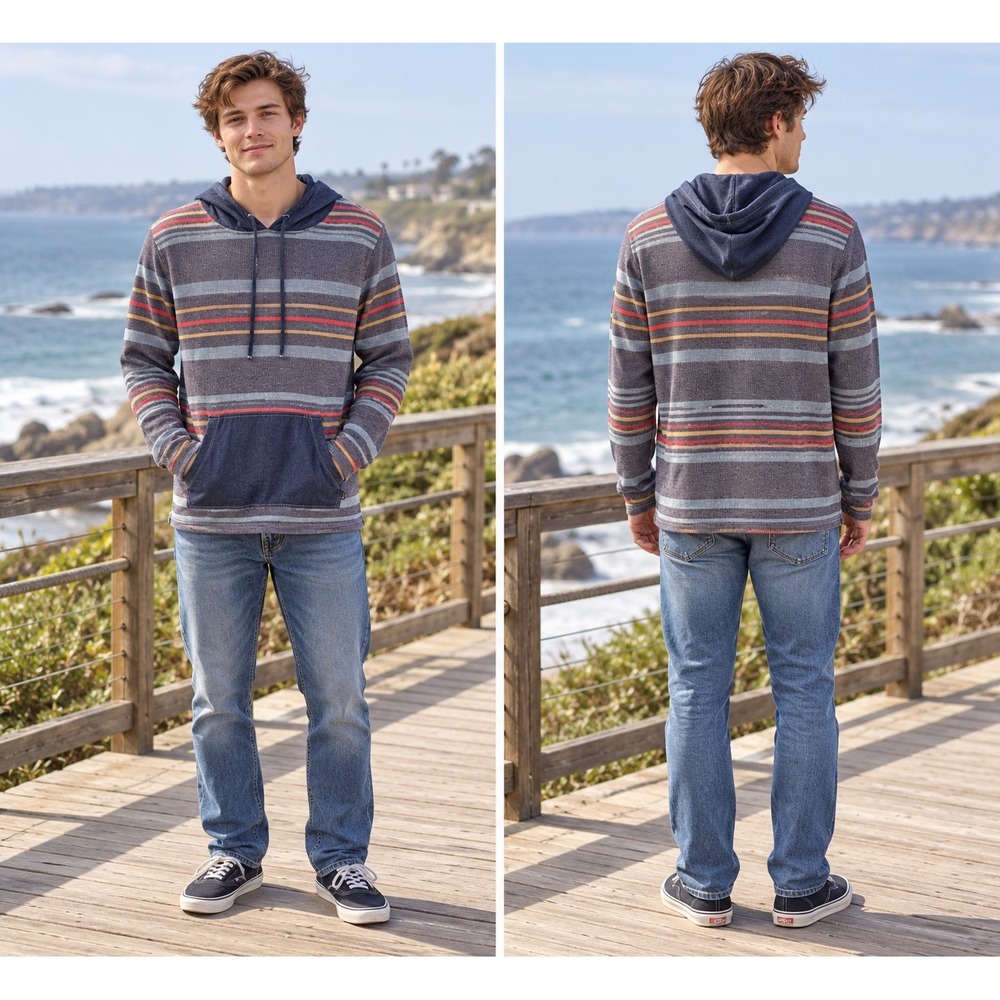 Lost Hoodie Mens Medium Navy Multicolor Striped Cotton Pullover Surf Skater